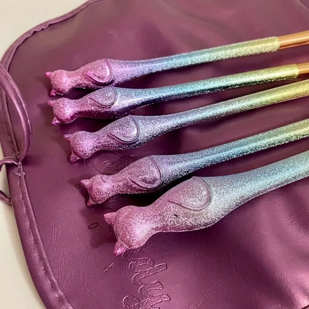 Cat Lady Box Makeup Brush Set w/ Soft Purple Case Cat Shaped Glitter Handles